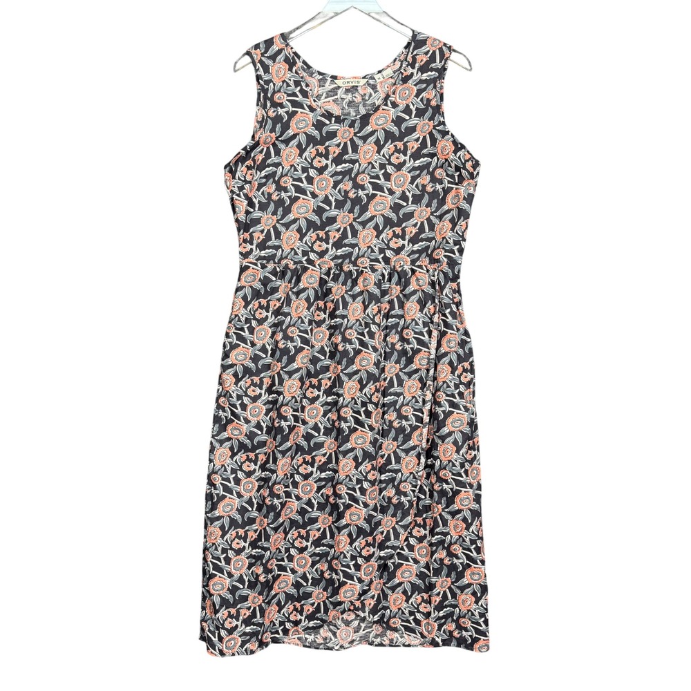Orvis Dress Womens Medium Grey Peach Floral Linen Blend Sleeveless Midi Pockets